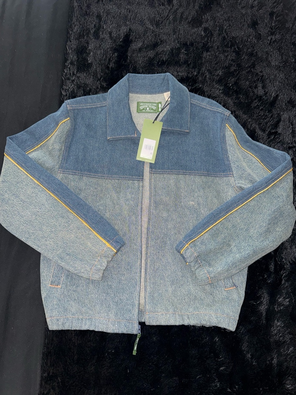 Two-Tone Blue Denim Jacket with Yellow Trim